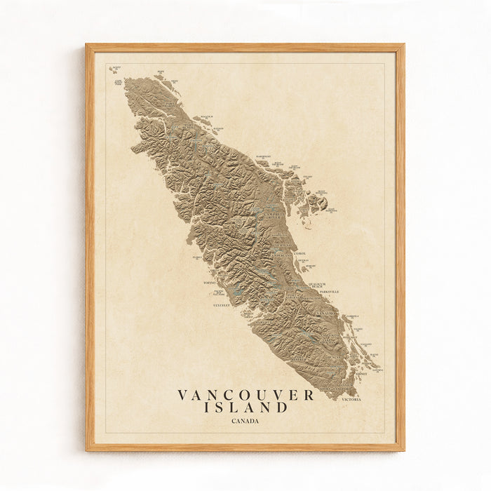 Framed map of Vancouver Island on a beige background