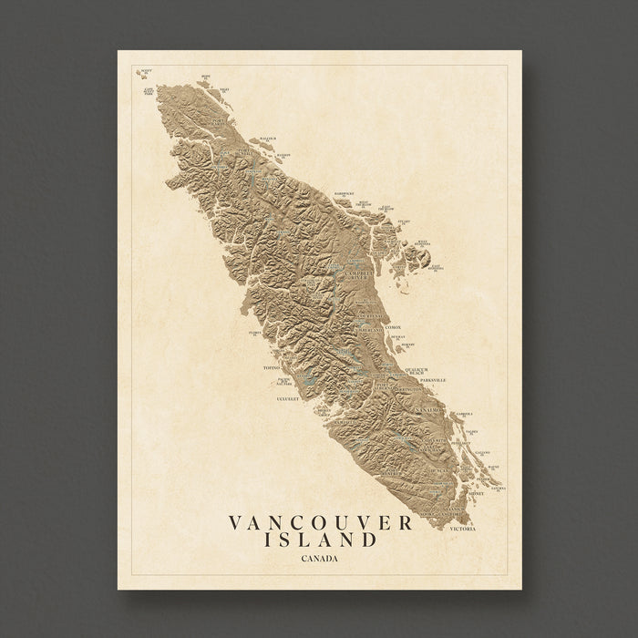 Map of Vancouver Island on a beige background with 'Vancouver Island, Canada' text.