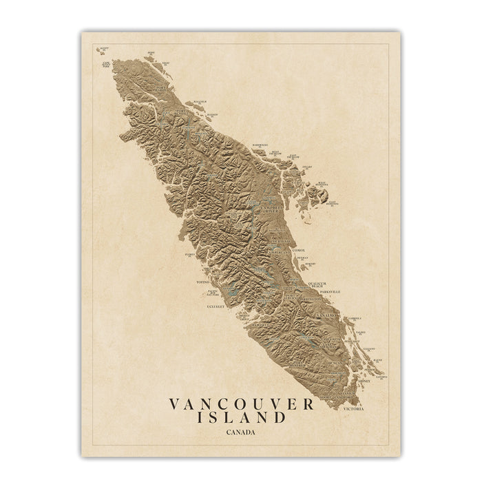 Map of Vancouver Island, Canada on a beige background