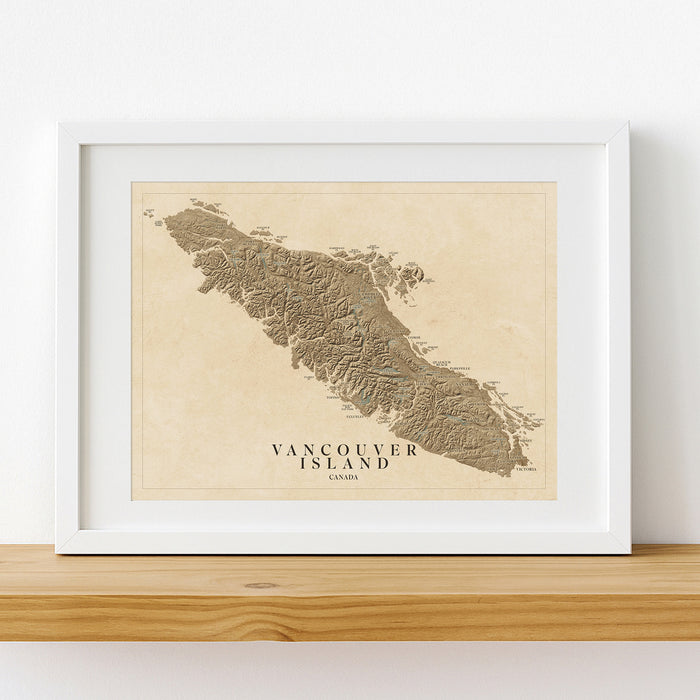 Framed map of Vancouver Island on a wooden shelf