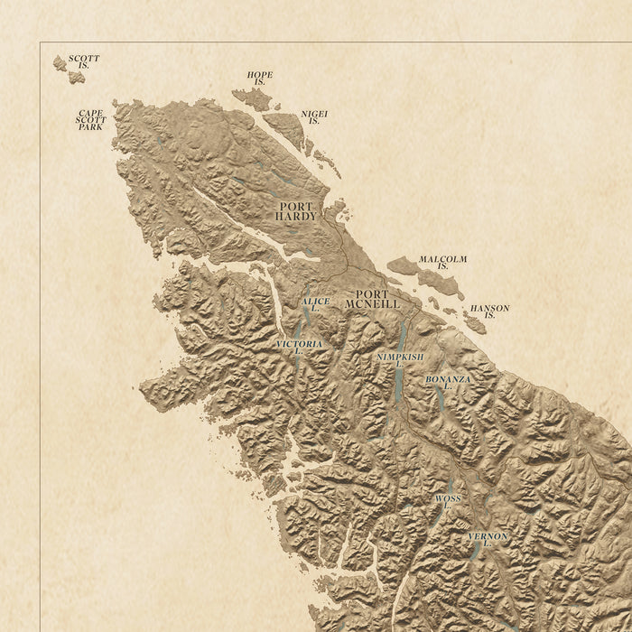 Topographic map of Vancouver Island with labeled places on a beige background