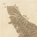Topographic map of Vancouver Island with labeled places on a beige background