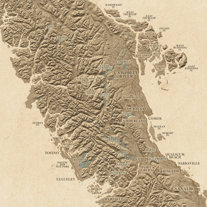 Topographic map of Vancouver Island with labeled places on a beige background