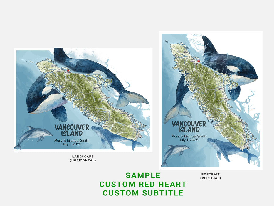 Two map designs of Vancouver Island with orcas and dolphins on a light gray background.