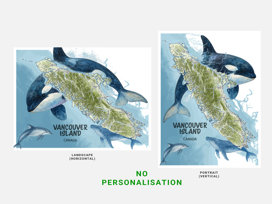 Two maps of Vancouver Island with orca whales, one in landscape and one in portrait orientation, on a light gray background.