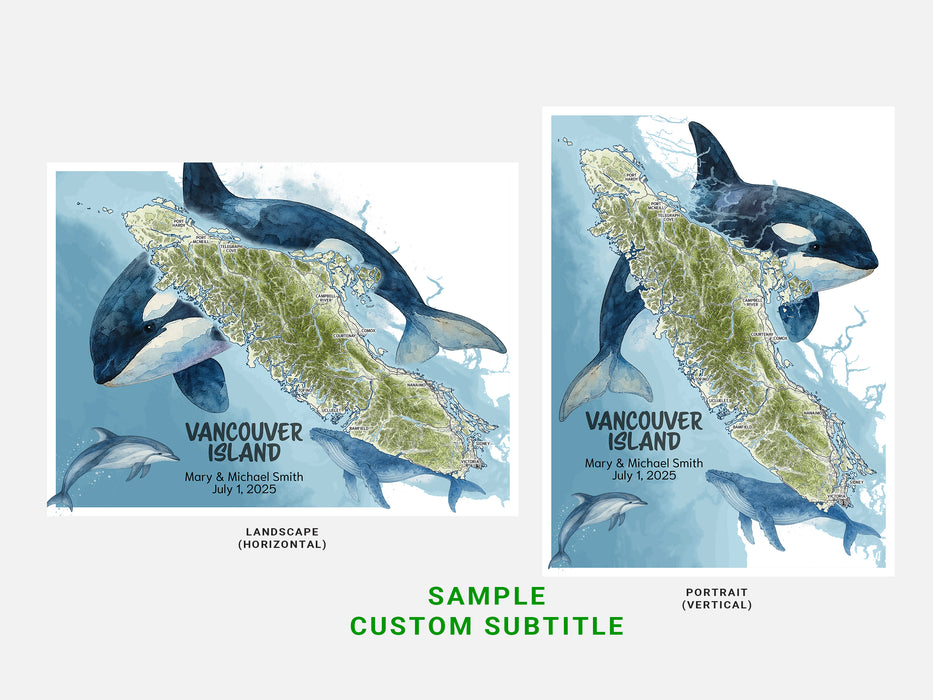 Two map designs of Vancouver Island with orca whales, one landscape and one portrait orientation.