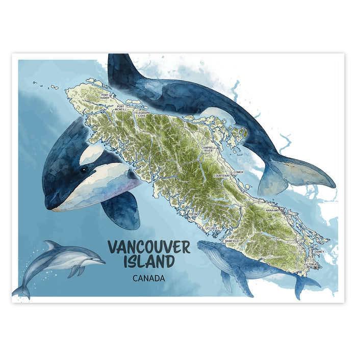 Map of Vancouver Island with whale illustrations on a blue background