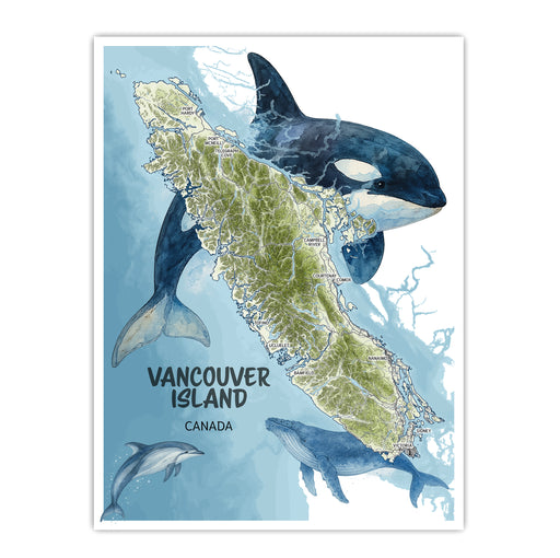 Map of Vancouver Island with orca whales on a blue background