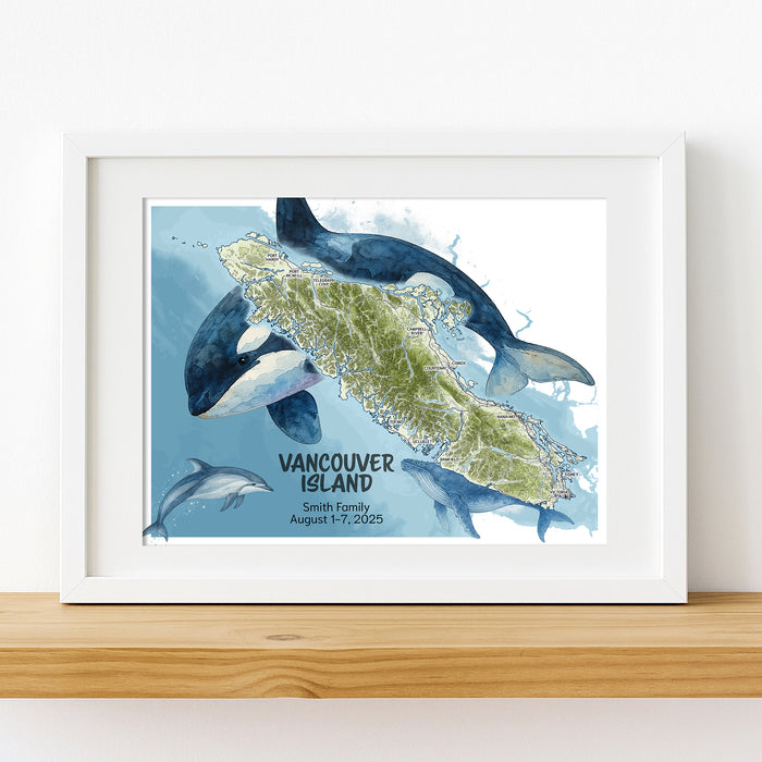 Framed map of Vancouver Island with orca and dolphin illustrations on a white background