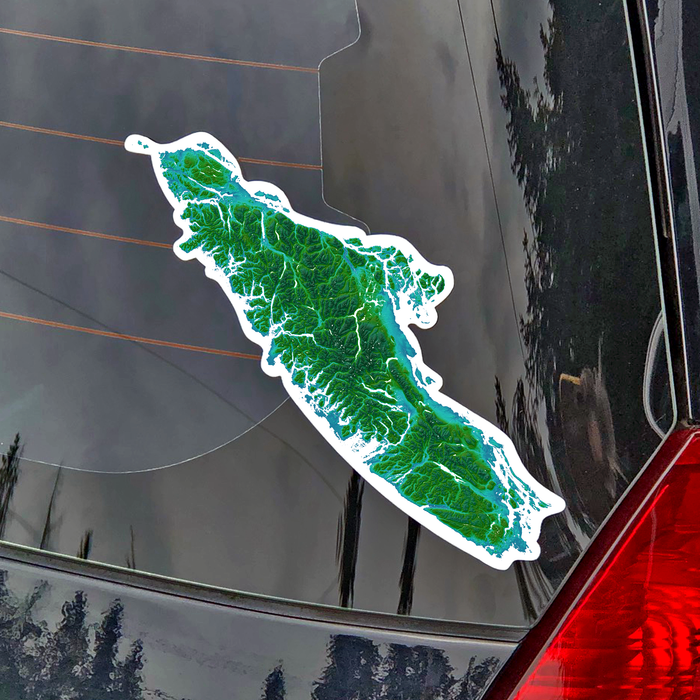 Vancouver Island BC Canada vinyl decal with a colour topographic landscape design by Maps As Art.