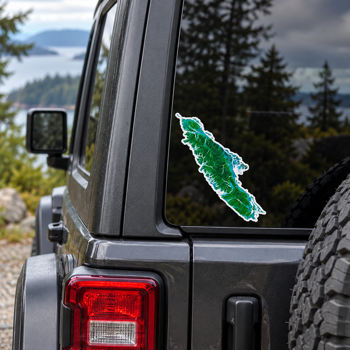 Vancouver Island Topographic Vinyl Sticker: Green & Blue, Waterproof
