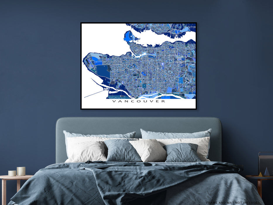 Vancouver, BC, Canada map art print in blue shapes designed by Maps As Art.