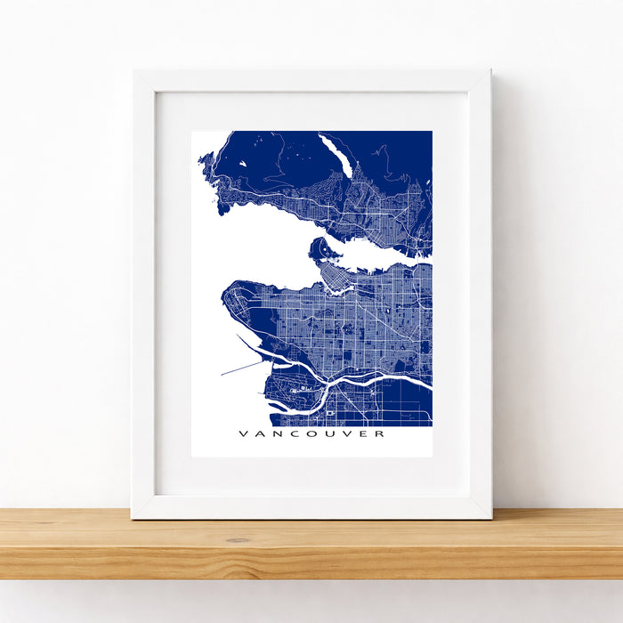 Framed map of Vancouver on a white background