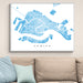 Framed map of Venice on a wall above a beige sofa with light blue pillows.