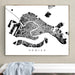 Framed black and white map of Venice on a wall above a white bench.