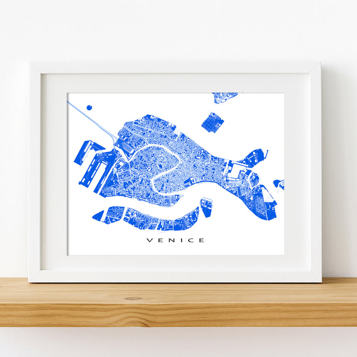 Framed map of Venice with blue lines on a white background
