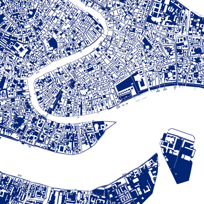 Map of a city layout with blue and white colors