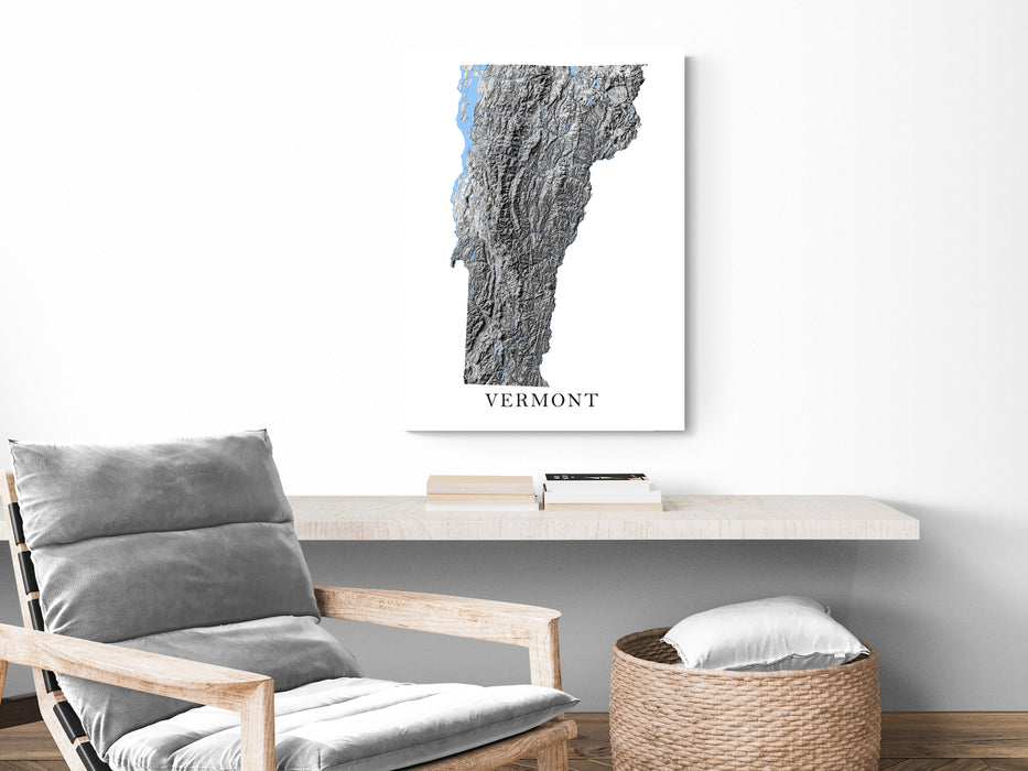 Vermont state map print with a black and white topographic landscape design by Maps As Art.
