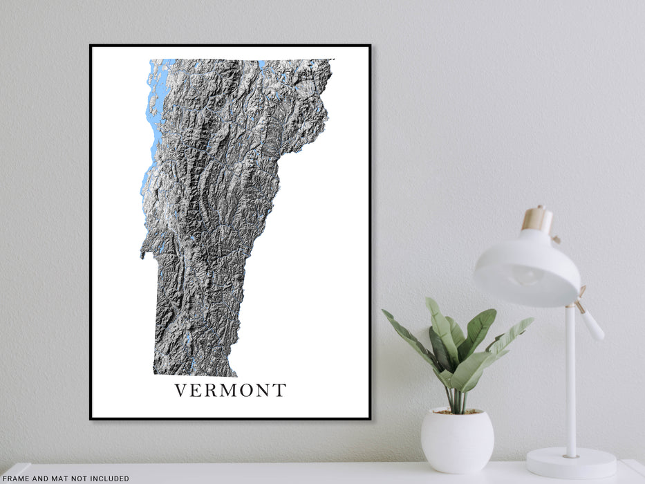 Vermont state map print with a black and white topographic landscape design by Maps As Art.