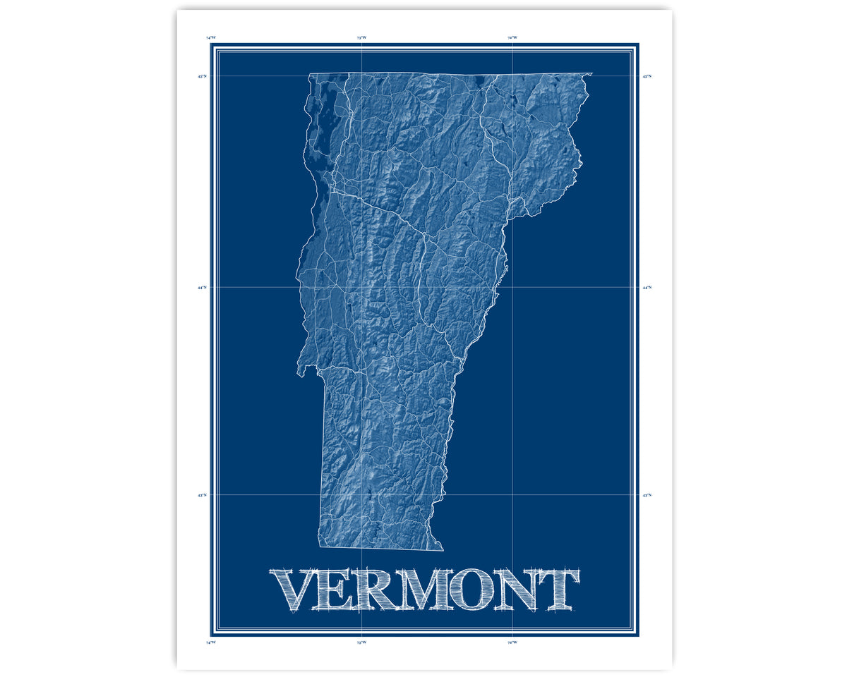 Vermont State Topographic Map Wall Art Print Poster with Blue Patent B ...