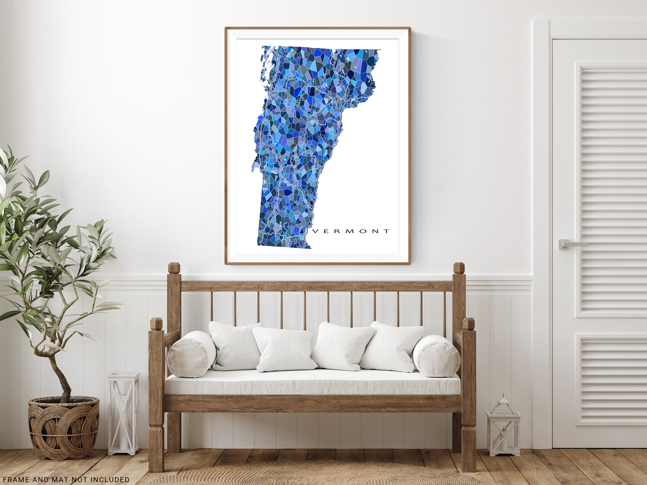 Vermont State Map Wall Art Print Poster with Blue Geometric Design ...