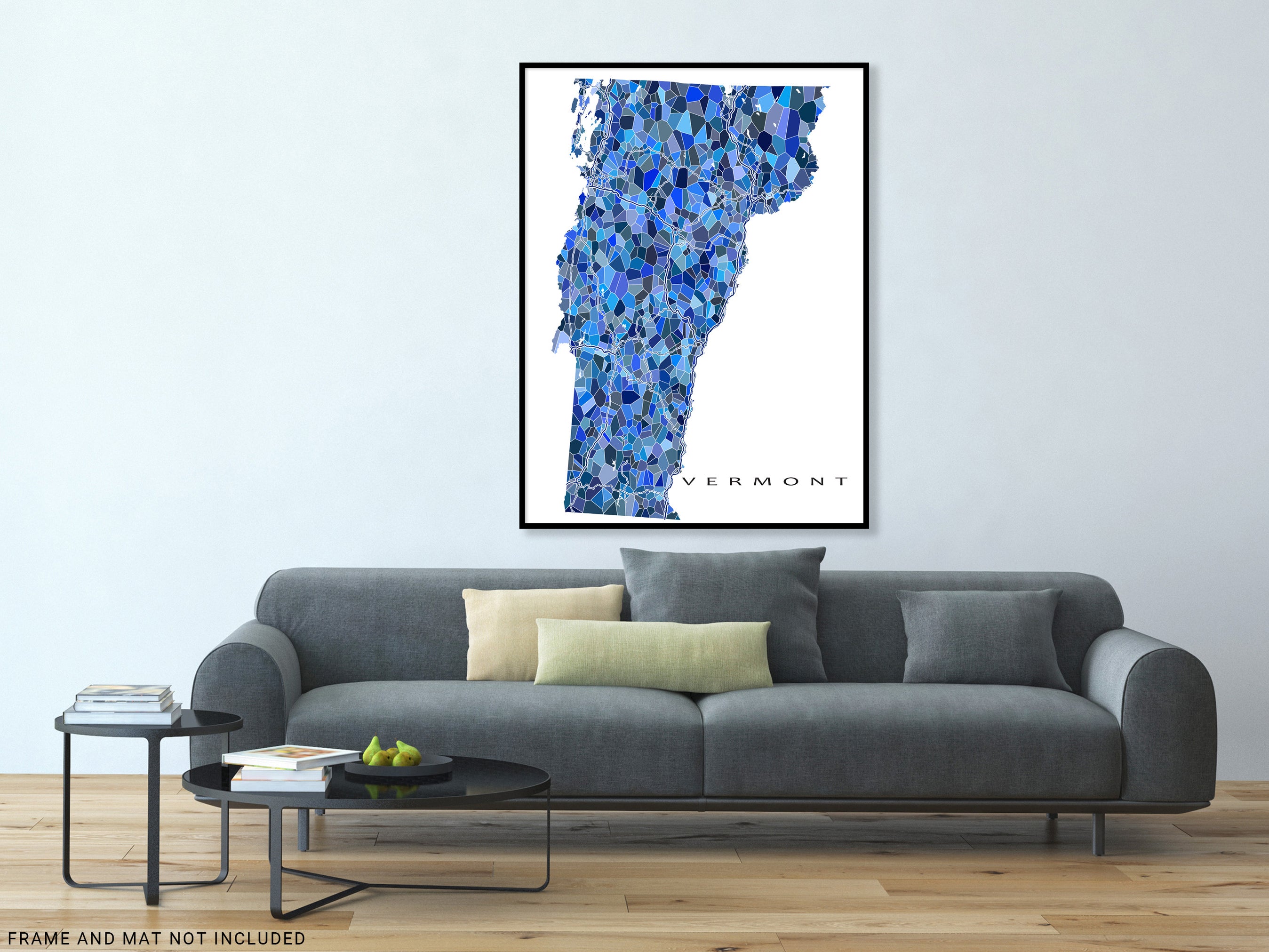 Vermont State Map Wall Art Print Poster with Blue Geometric Design ...
