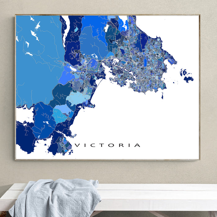 Victoria BC Map Print: Blue Geometric City Street Wall Art Poster, Vancouver Island