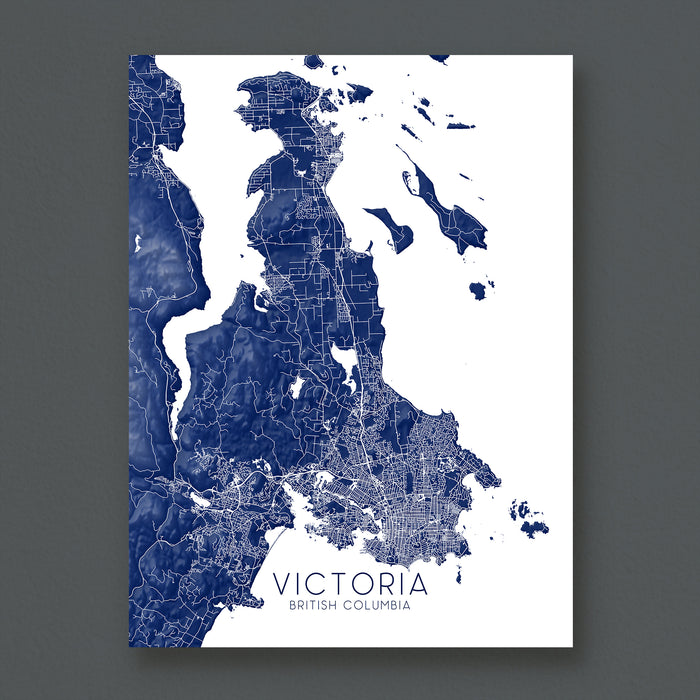 Map of Victoria, British Columbia in blue on a white background