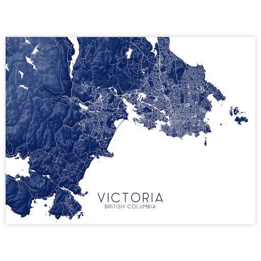 Map of Victoria, British Columbia in blue on a white background