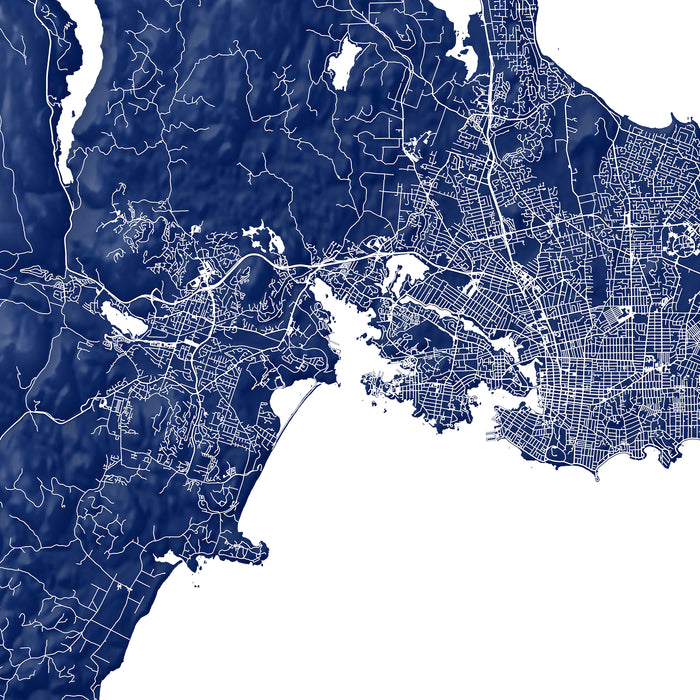 Map of a coastal area with roads and boundaries in blue and white.