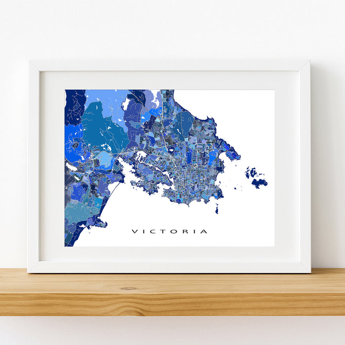 Framed map of Victoria with blue color scheme on a white background