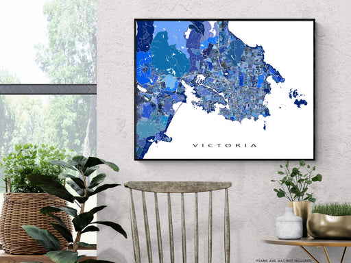 Victoria, BC, Canada map art print in blue shapes designed by Maps As Art.