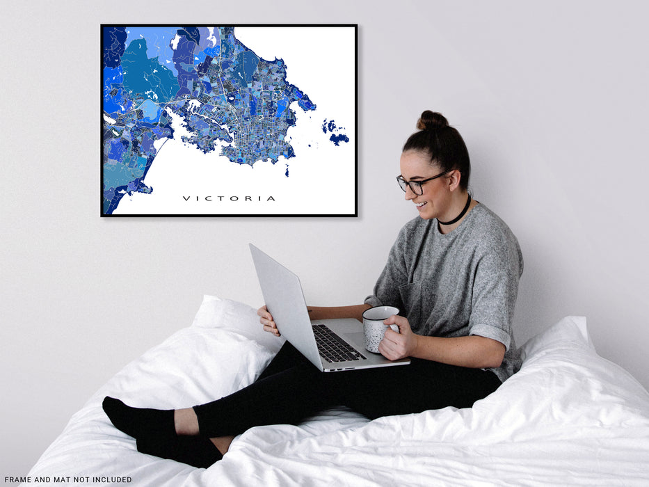 Victoria, BC, Canada map art print in blue shapes designed by Maps As Art.