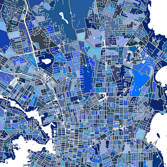Map of a city with blue and black coloration