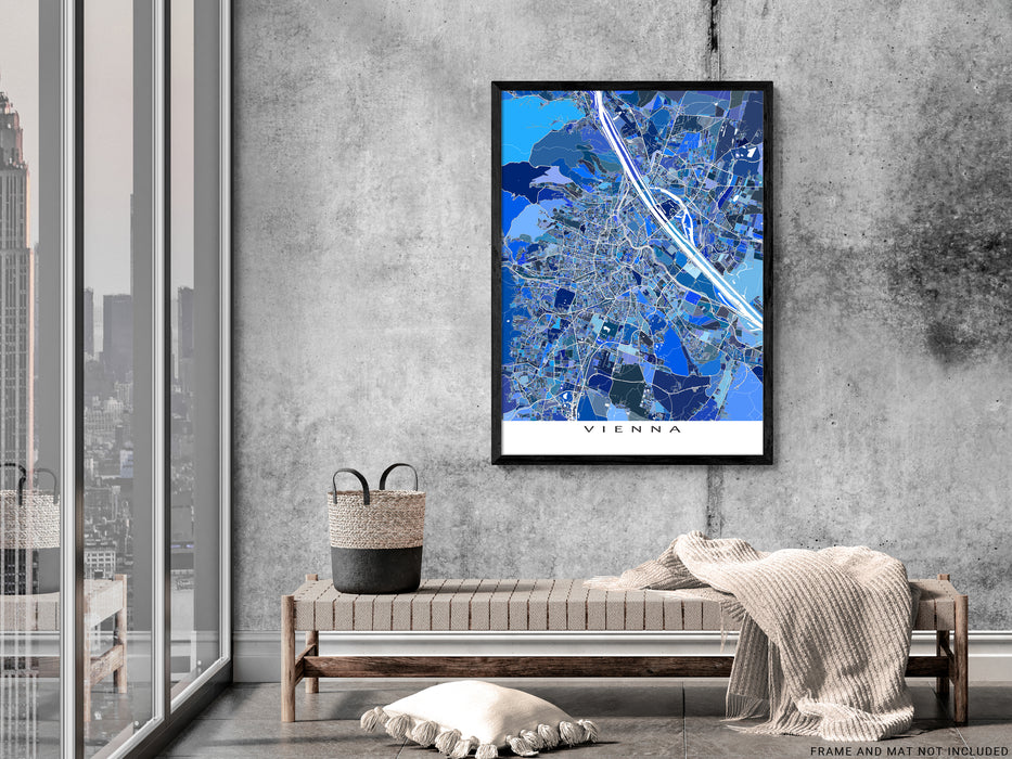 Vienna, Austria map art print in blue shapes designed by Maps As Art.