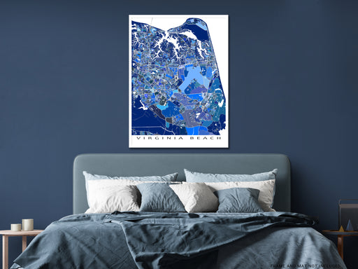 Virginia Beach, Virginia map art print in blue shapes designed by Maps As Art.