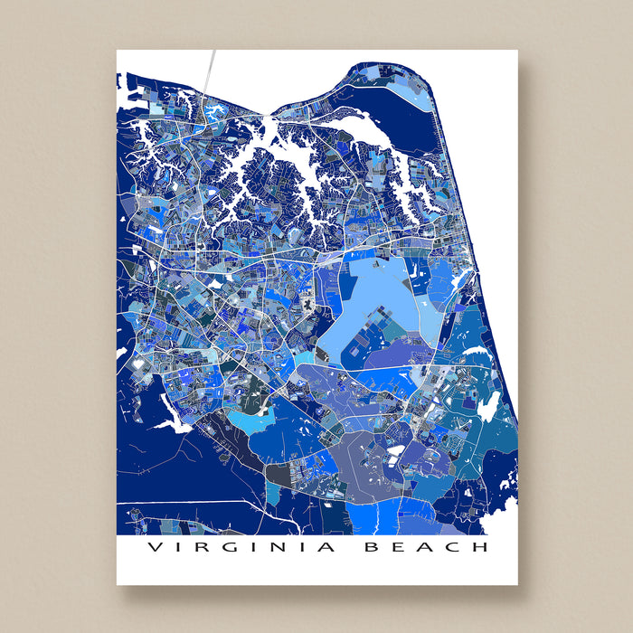 Map of Virginia Beach in blue tones on a beige background