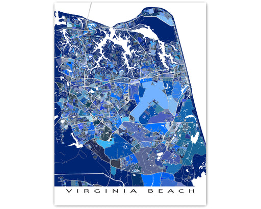 Virginia Beach, Virginia map art print in blue shapes designed by Maps As Art.