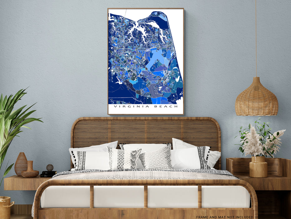 Virginia Beach, Virginia map art print in blue shapes designed by Maps As Art.