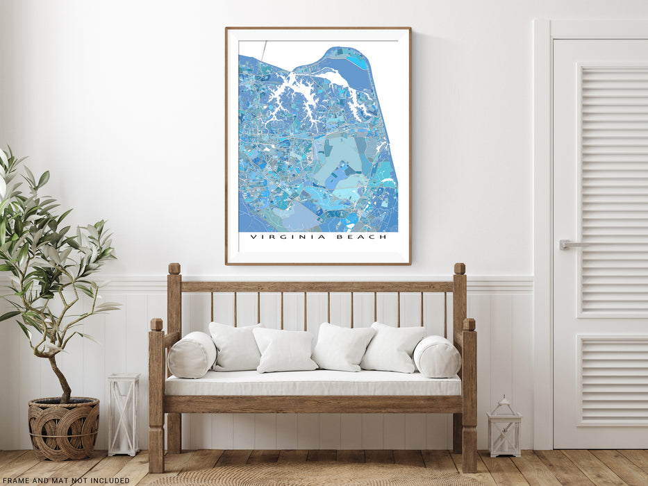 Virginia Beach, Virginia map art print in light blue shapes designed by Maps As Art.