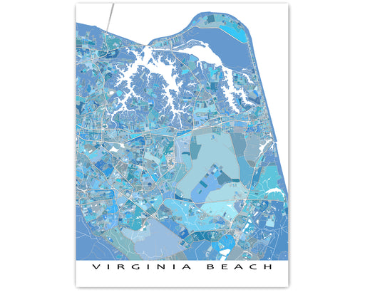 Virginia Beach, Virginia map art print in light blue shapes designed by Maps As Art.