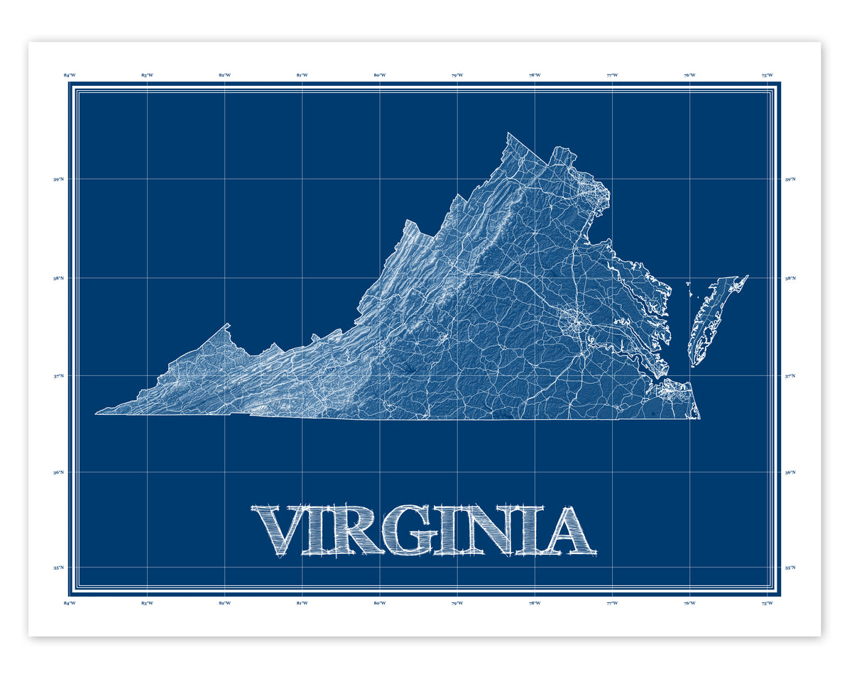 Virginia State Blueprint Blue Patent Style Map Wall Art Print Poster ...