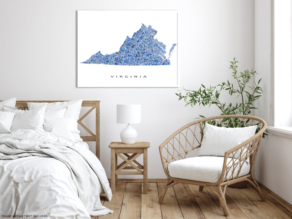 Virginia State Map Print Poster, Blue Geometric VA Wall Art Road Maps, USA Norfolk Virginia Beach