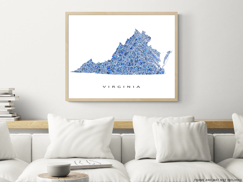 Virginia State Map Print Poster, Blue Geometric VA Wall Art Road Maps, USA Norfolk Virginia Beach