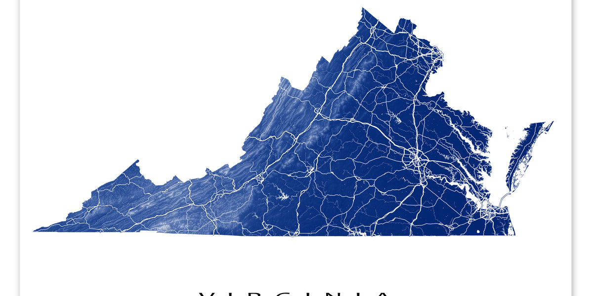 Blue Virginia Map Virginia Map Print, USA Topographic State Wall Art Poster, VA Road Map ...