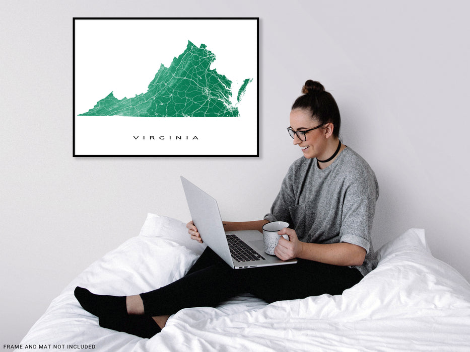 Virginia state map print with natural landscape and main roads designed by Maps As Art.