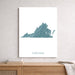 Framed map of Virginia on a wall above a wooden shelf.