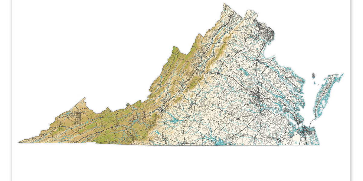 Map Of Virginia Landscape Virginia Map Print, VA State Outline, USA