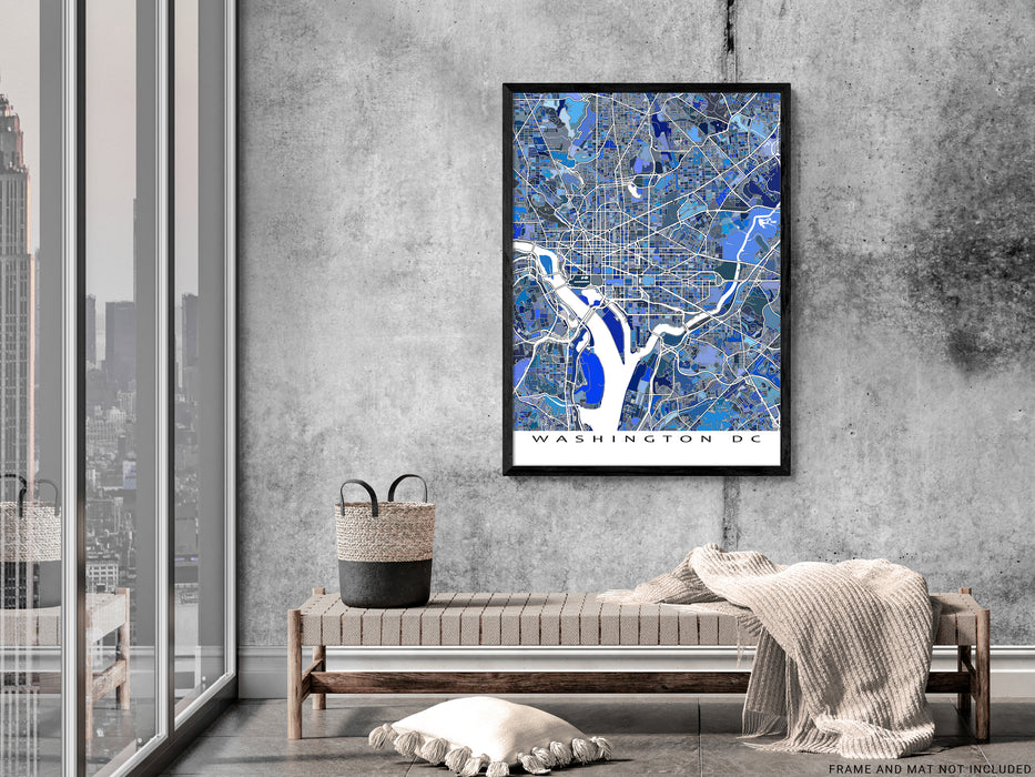 Washington DC map art print in blue shapes designed by Maps As Art.