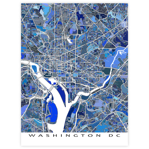 Map of Washington DC in blue and gray tones on a white background